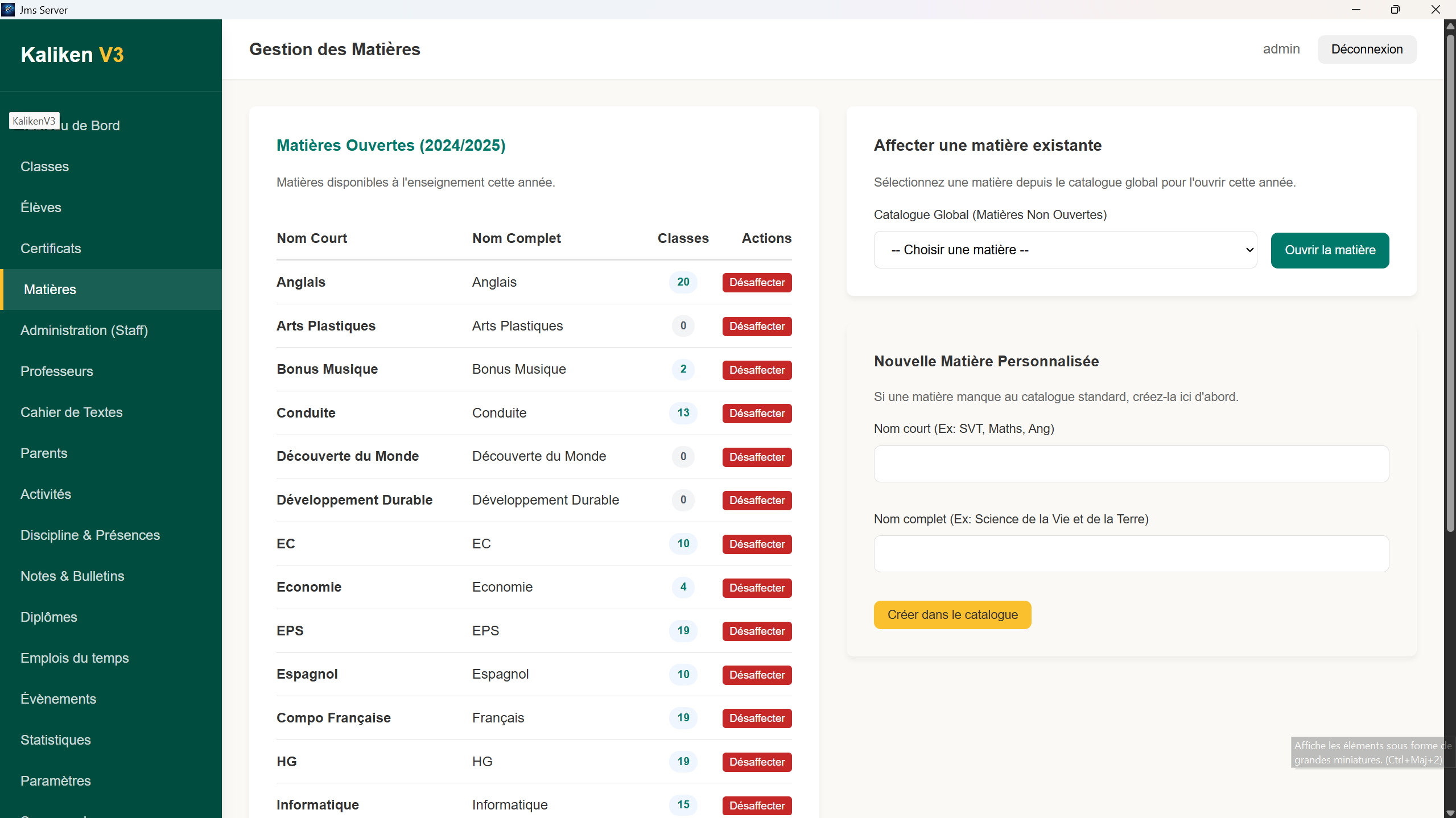 Gestion des matières